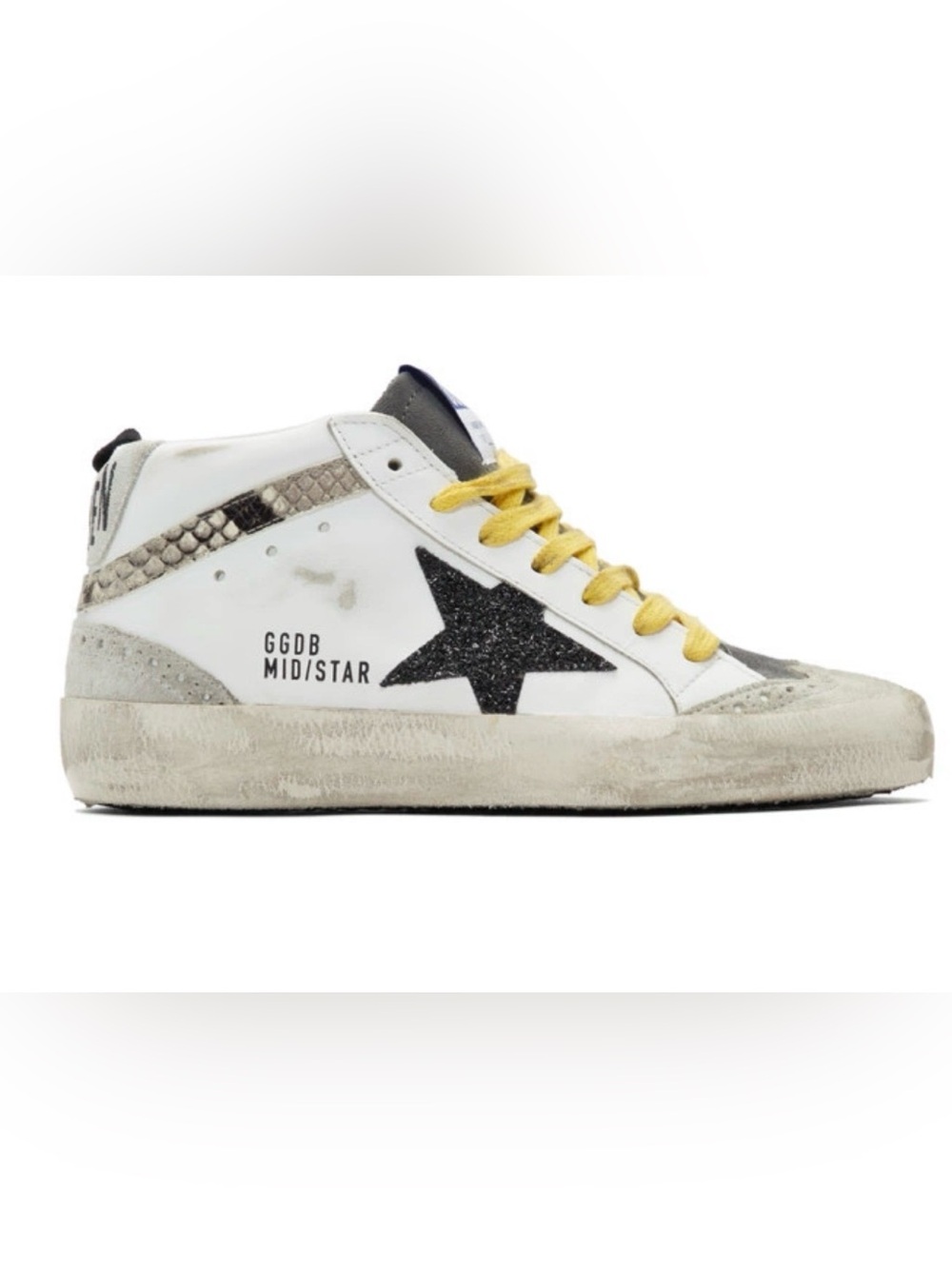 Golden Goose Women’s White Leather Sneaker Black Glitter Star and Yellow Laces